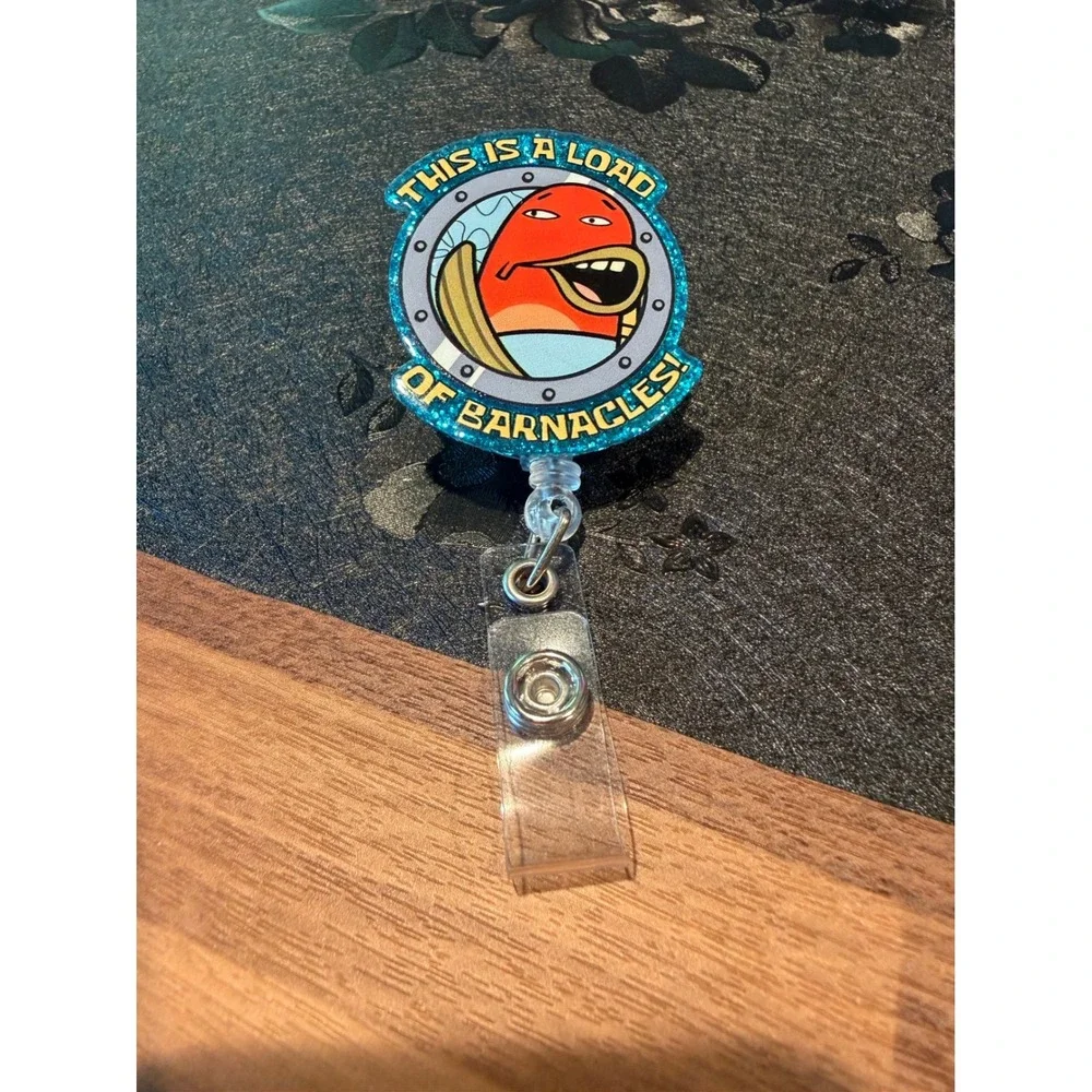 SpongeBob Barnacles Meme Retractable ID Badge Reel Blue Glitter Alligator Clip